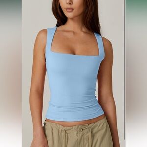 Women's Square Neck Sleeveless Double-Layer Tank Tops Basic Tight T Shirts L